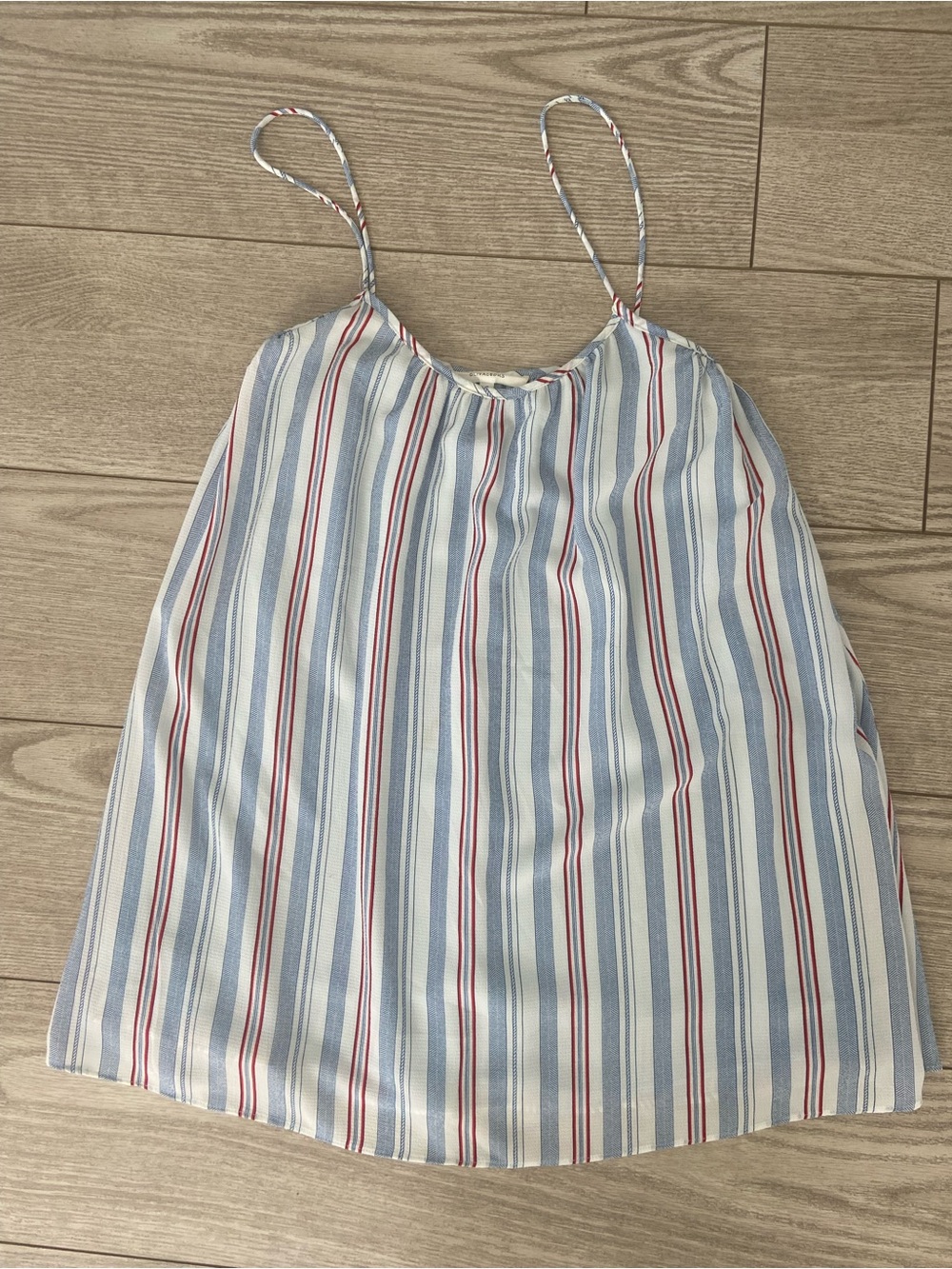 Olivaceous Blue and Red Striped Spaghetti Strap Mini Dress. Size:  Small.
